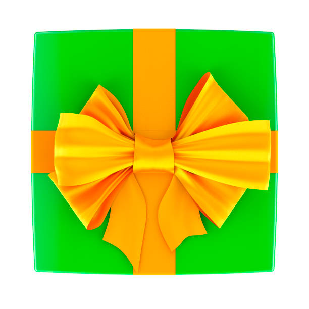 Green gift box with yellow ribbon and bow. Top view, 3D rendering isolated on white background