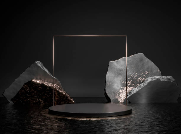 istock Round rough stone pedestal, black cylinder in dark water. 2168575347