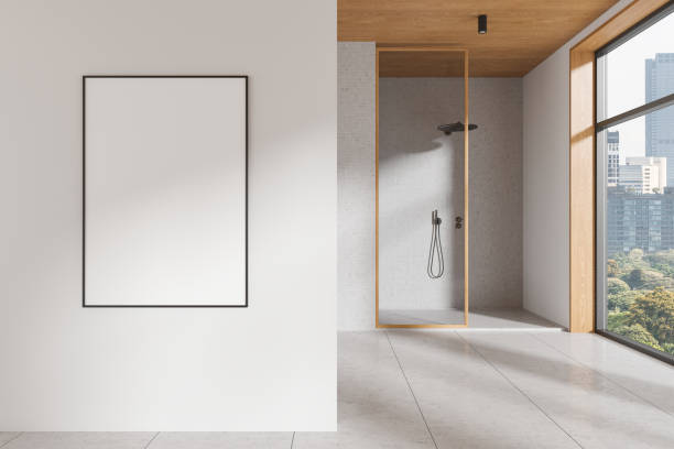 istock Home bathroom interior with glass shower and panoramic window. Mockup frame 2168580054