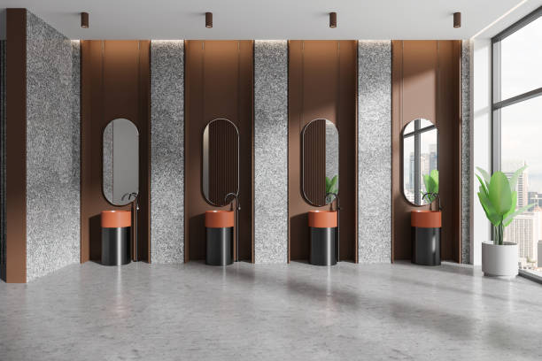 istock Hotel bathroom interior with four sinks and mirrors, panoramic window 2168580300