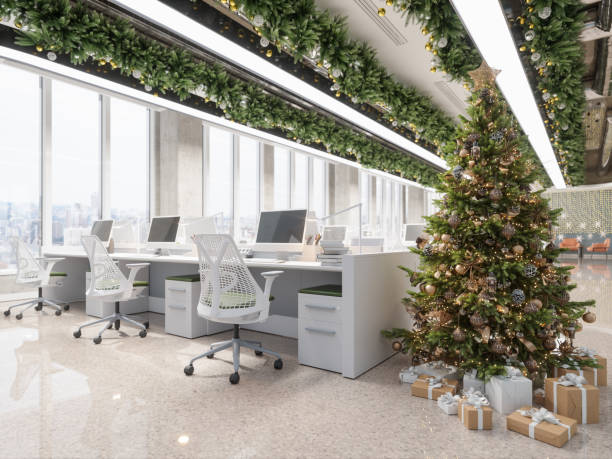 istock Modern Office Space With Christmas Tree, Ornaments And Gift Boxes 2168581061