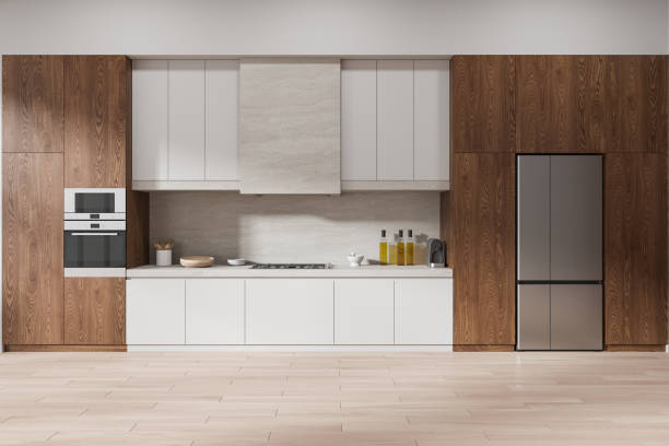 istock Wooden home kitchen interior with cooking cabinet and refrigerator 2168581823