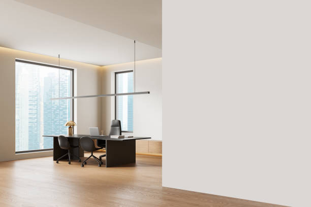 istock Modern office with wooden floors, city view backdrop. Elegant workspace concept, minimalist design.  3D Rendering 2168582105