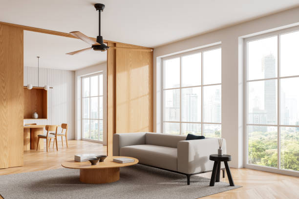 istock Stylish home interior with relaxing and dining zone, panoramic window 2168582948