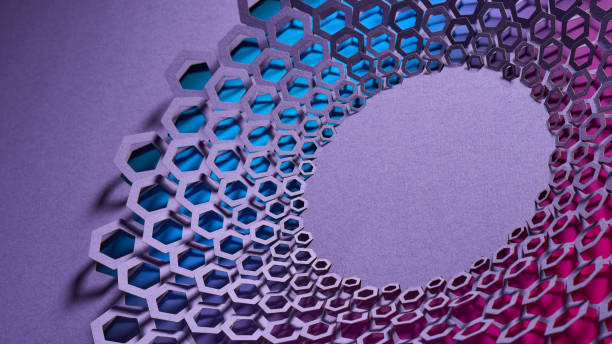 Hexagonal cut-out pattern forming a circular design on a purple surface, with vibrant blue and pink hues glowing from underneath.