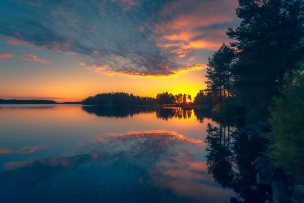 Summer lake night sunset from Sotkamo, Finland.