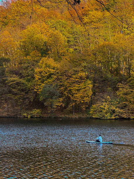 A serene scene captured in the Poconos, Pennsylvania, during early autumn. Boats are laid upside down near the shore, their colors blending with the golden hues of the trees in the background. The calm atmosphere reflects the beauty of nature transitioning into fall, with vibrant foliage under a clear blue sky.\nThis peaceful setting, devoid of people, suggests a day of activity now winding down, offering a moment of calm and reflection.