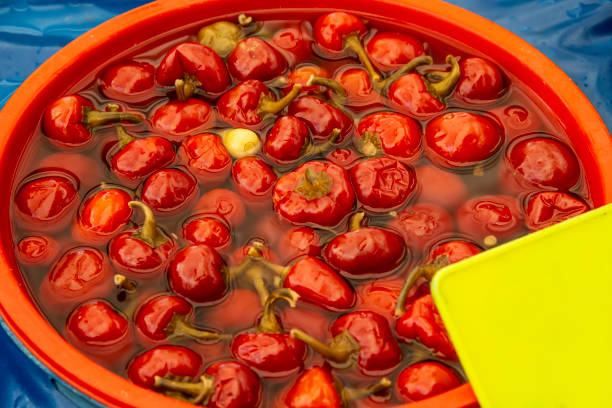 Closer looking at pickled peppers.