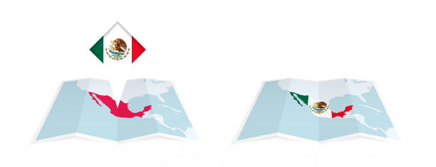 istock Two versions of an Mexico folded map, one with a pinned country flag and one with a flag in the map contour. Template for both print and online design. 2168594883
