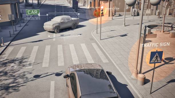 istock Autonomous driving generic electric car sensor scanning the others car 2168596051