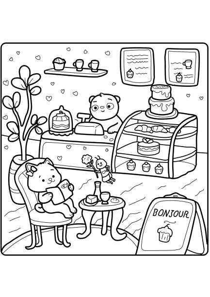 Cafe coloring page. Cat Cafe. Kitten, panda, bee. Cafe coloring page. Cat Cafe. Kitten, panda, bee. Printable Coloring Pages. frozen coloring pages stock illustrations