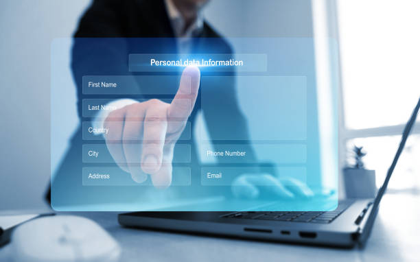 istock Businessman filling out a form with personal data online. Personal data  information management.Digital online employee form. Human resource concept. 2168598907
