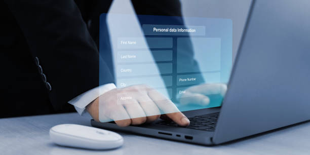 istock Businessman filling out a form with personal data online. Personal data  information management.Digital online employee form. Human resource concept. 2168598908