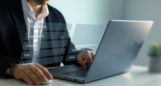 istock Businessman filling out a form with personal data online. Personal data  information management.Digital online employee form. Human resource concept. 2168598909