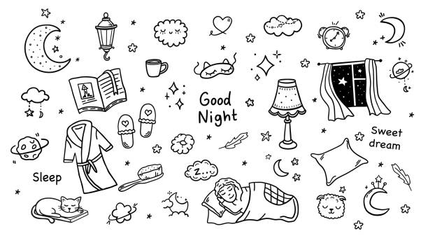 Sleep, relax time, dream night doodle set. Hand drawn sketch style. Moon, cat, star, lamp element. Vector illustration. Sleep, relax time, dream night doodle set. Hand drawn sketch style. Moon, cat, star, lamp element. Vector illustration. drawing of mattress stock illustrations