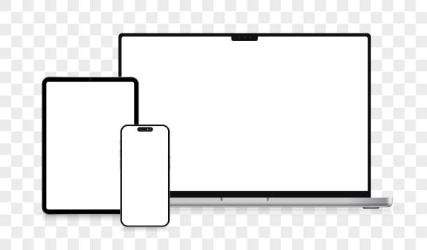 Responsive Web Design on Various Devices. EPS 10 Vector Mockup of Digital Tablet, Smart Phone, and Laptop on Transparent Background device mockups stock illustrations