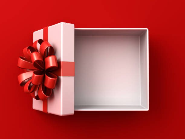 istock Top view of blank white present box open for products display showcase or white gift box tied with red ribbon bow isolated on dark red background with shadow minimal idea concepts 3D rendering 2168609378