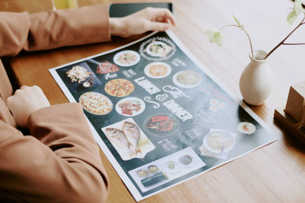 Reviewing Restaurant Menu with Delicious Dishes Displayed