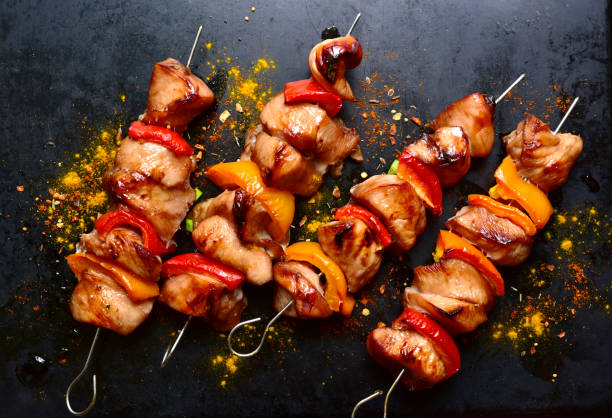 istock Grilled chicken kebab. Top view with copy space. 2168614663