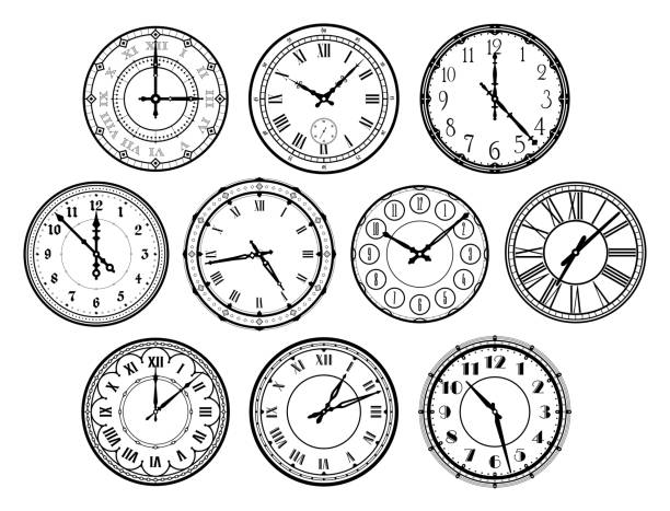 Set of vintage, retro clocks and watches isolated on a white background. Silhouette, flat design clock faces vector illustration.