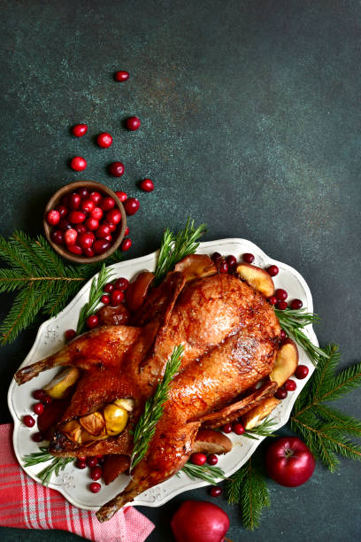 Festive christmas roast duck stuffed with apples and cranberries. Top view with copy space. Festive christmas roast duck stuffed with apples and cranberries on a dark green slate, stone or concrete background. Top view with copy space. winter food top view stock pictures, royalty-free photos & images