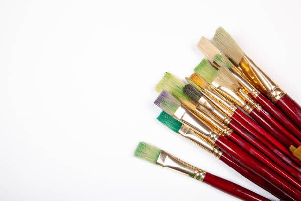 Various drawing tools, set of dirty paint brushes