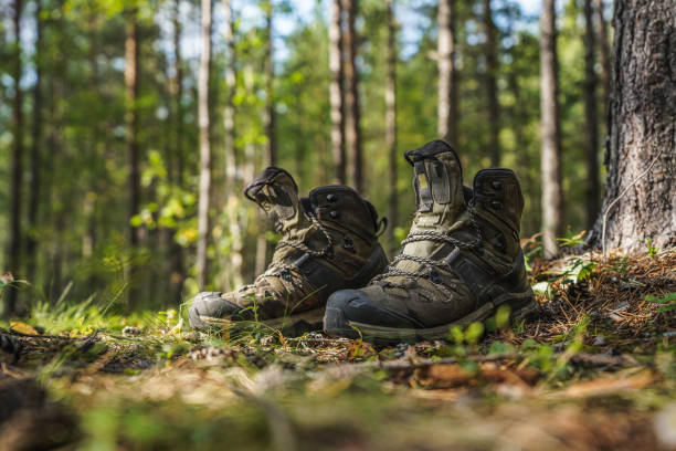 Hiking boots in the woods, active lifestyle concept