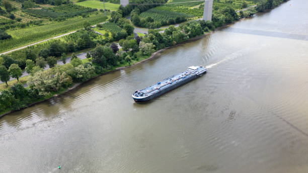 Industrial ship on Mosel river - aerial view