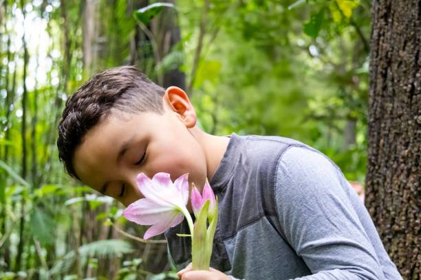 Boy smelling a lily flower