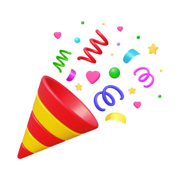 Vector 3d confetti party popper. Colorful confetti explosion with star, heart and serpentine ribbon. Birthday or carnival illustration, party decoration set. Vector 3d confetti party popper. Colorful confetti explosion with star, heart and serpentine ribbon. Birthday or carnival illustration, party decoration set good job emoji stock illustrations