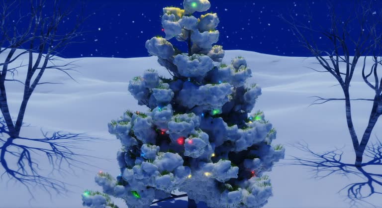 Render 3d animation winter night among trees and dry branches stands out a lush cone-shaped pine tree with green branches completely covered with snow illuminated with colour render 3d spotlights