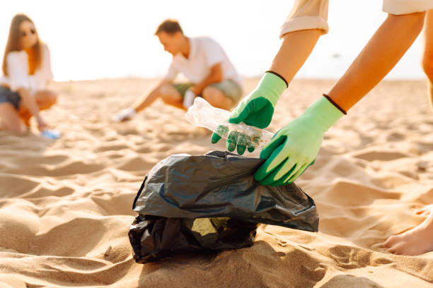 istock Group of young adults cleaning up plastic waste on a sunny beach during the day. 2168640077