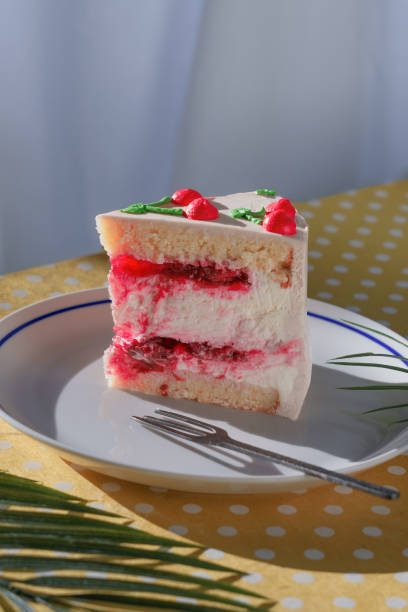 istock Slice of Cherry Cream Cake on Polka Dot Table 2168640254