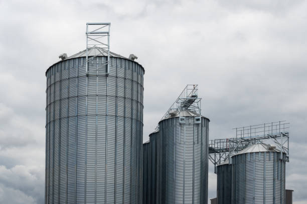 istock Steel grain silo against a dramatic, cloudy sky. 2168640547