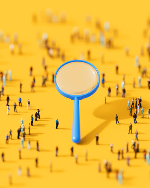 istock Human Crowd Surrounding A Blue Magnifier Object On Yellow Background 2168641099