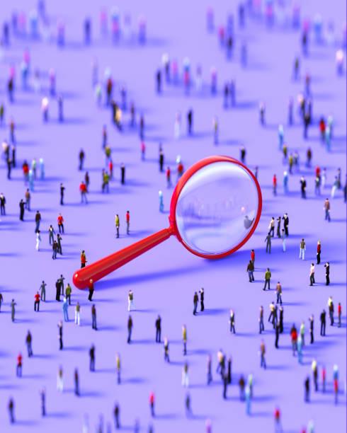 istock Human Crowd Surrounding A Red Magnifier Object On Purple Background 2168642179