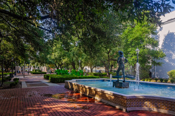 Mobile, Alabama, USA - Aug. 22, 2024: Malaga Square and Spanish Plaza are pictured in Mobile, Alabama. The parks features sculptures, statues, and art honoring the influence Spain had over the area. Mobile was ruled by Spain from 1780 to 1813.