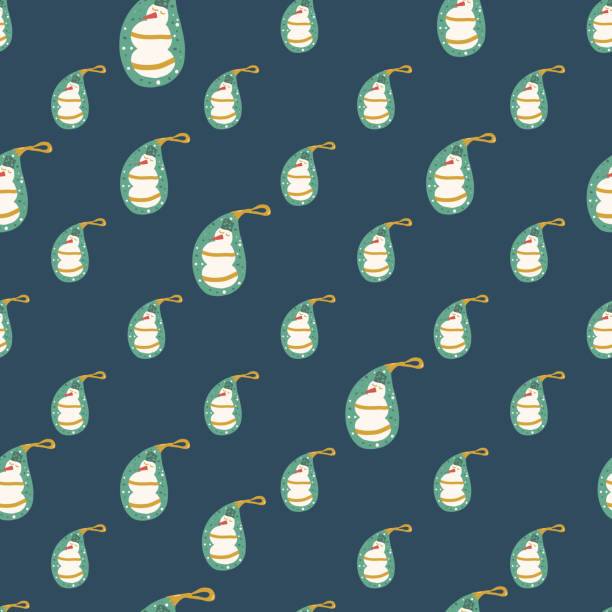 istock Snowman seamless pattern. Christmas Glass baubles repeat background. Paisley shape toy retro holiday season surface pattern design. Vector hand drawn illustration. 2168677674