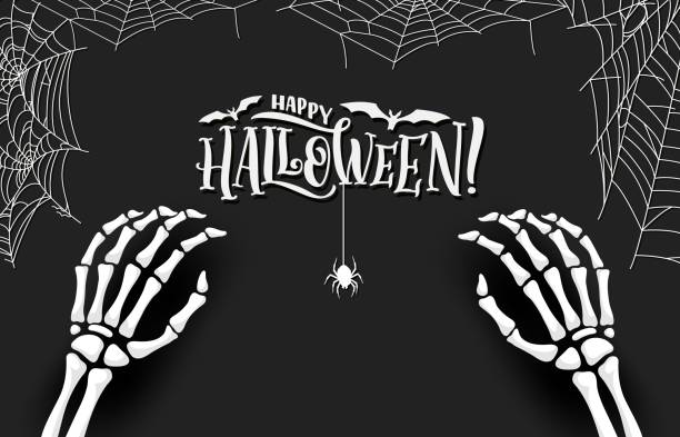 Halloween banner with skeleton hands and spider Halloween banner with skeleton hands and spider cobweb. Vector background with bony arms reach out, bats and spider hang down eerie webs creating spine-tingling scene that sends shivers down the spine happy halloween stock illustrations