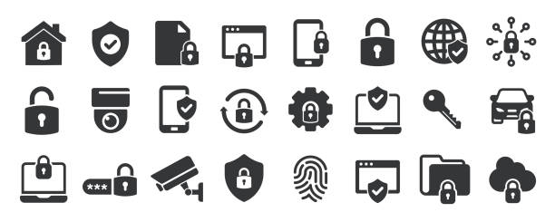illustrations, cliparts, dessins animés et icônes de collection d’icônes solides de glyphe de sécurité. contenant la protection, la garde, la défense, l’intimité. icône minimale et symbole série illustration vectorielle - cadenas