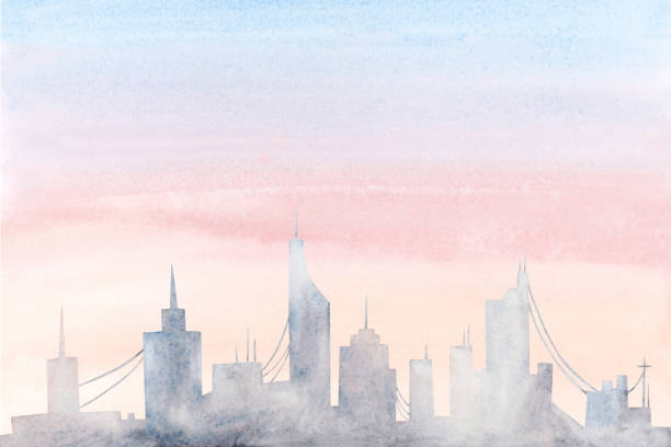 istock Abstract city silhouette on pastel pink and blue dawn sky watercolor illustration. Simple horizon metropolis of Dubai, New York or Los Angeles. Panoramic cityscape with skyscrapers during sunrise 2168687434