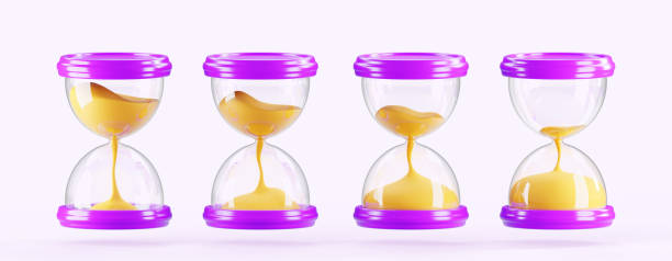 3d hourglass animation sprite sheet game icon set. Render glass clock with sequence falling sand, watch countdown hours and minutes. Isolated sandglass for app, timer, loading process. 3D illustration