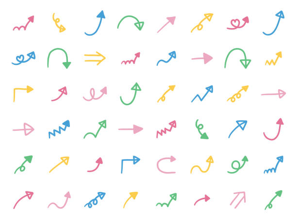 illustrations, cliparts, dessins animés et icônes de illustration vectorielle ensemble d’icônes de flèche dessinées à la main - pointe de flèche