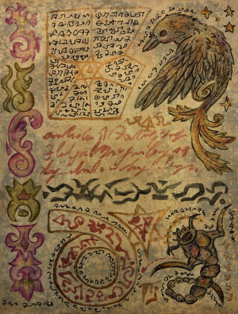 istock Hand drawn illustration of decorated old page with weird creatures and mystic symbols from witch magic spell book. Gothic, occult and esoteric background. Only fantasy letters, no foreign language 2168708785