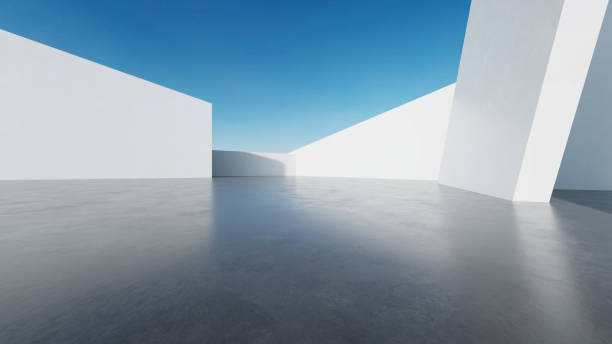 istock 3d render of abstract modern architecture with empty concrete floor, minimal white exterior, car presentation background 2168713214