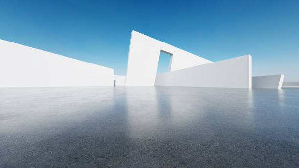 istock 3d render of abstract modern architecture with empty concrete floor, minimal white exterior, car presentation background 2168713216