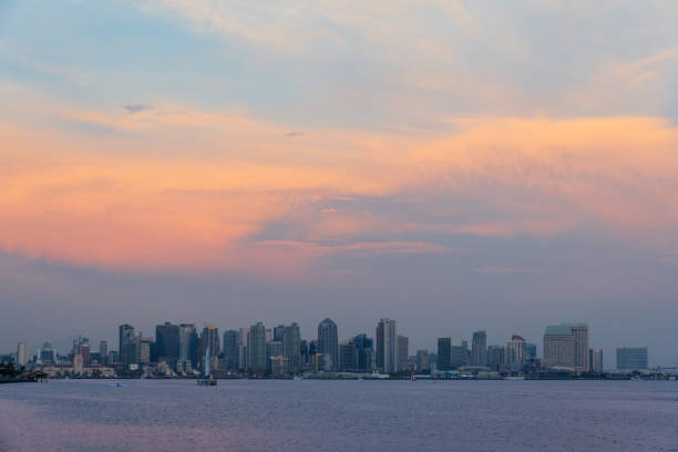 View from Harbor Island of the San Diego city skyline during sunset.
