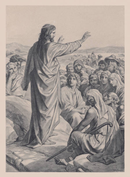 Jesus' Sermon on the Mount (Matthew 5-7), lithograph, published 1890 Jesus' Sermon on the Mount (Matthew 5 - 7). Lithograph based on a drawing by Heinrich Ferdinand Hofmann (German painter and illustrator, 1824 - 1911), published in 1890. gospel drawing stock illustrations