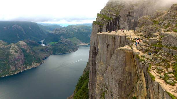 Top view photo of the peak at the famous Preikostolen hike in Norway