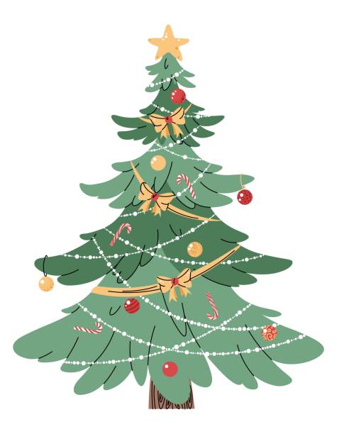 Christmas tree decorated with garlands and toys on a white background. Festive tree in a flat style. Christmas tree decorated with garlands and toys on a white background. Festive tree in a flat style christmas tree stock illustrations